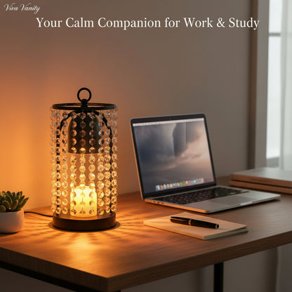 Lamp on a desk with laptop and notebook, labeled 'Your Calm Companion for Work & Study'.
