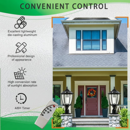 Solar light fixture on a house exterior with features listed on the left.