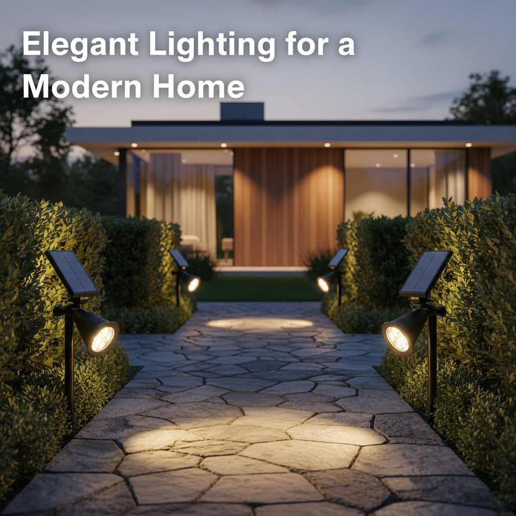 Two solar-powered LED light fixtures with solar panels on a white background.