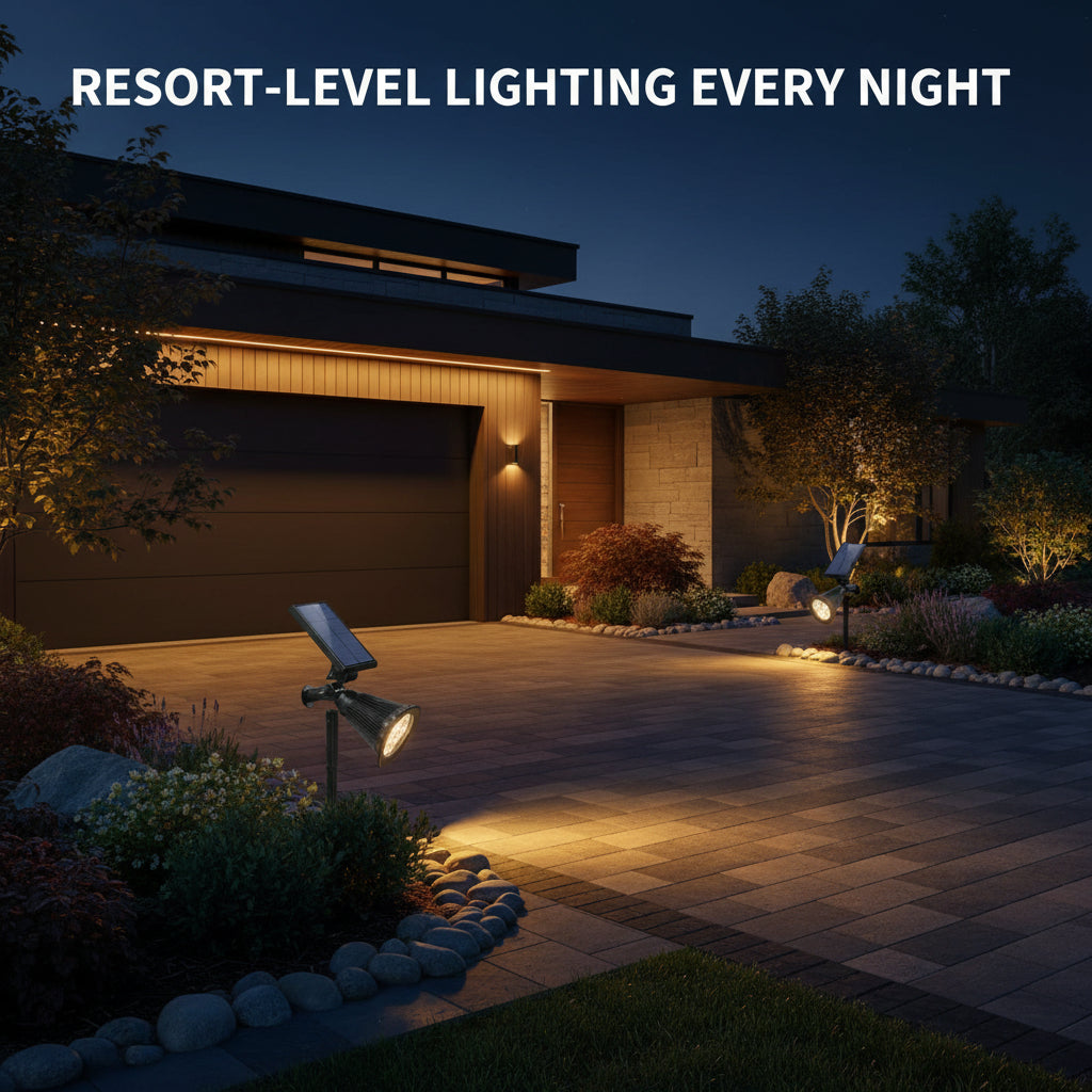 Two solar-powered LED light fixtures with solar panels on a white background.