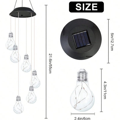 Solar-powered light bulb with dimensions and size label on a white background