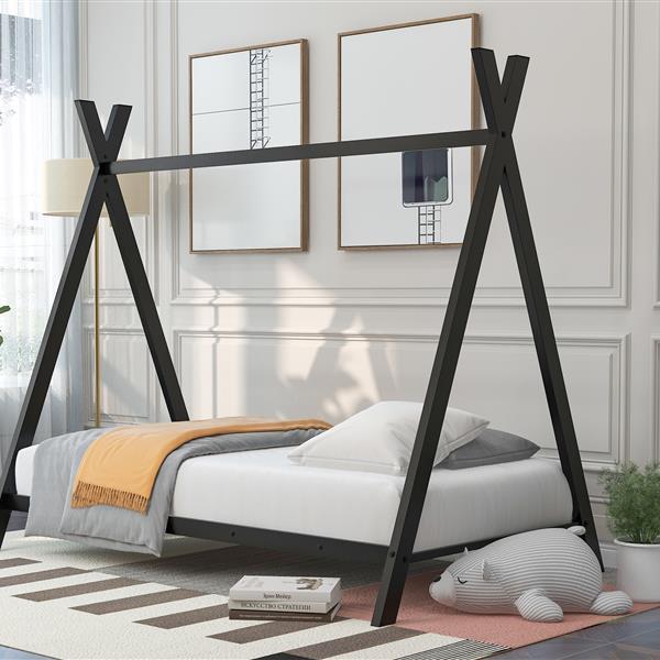 Black Metal Double-Size Floor House Bed with Slats | Viva