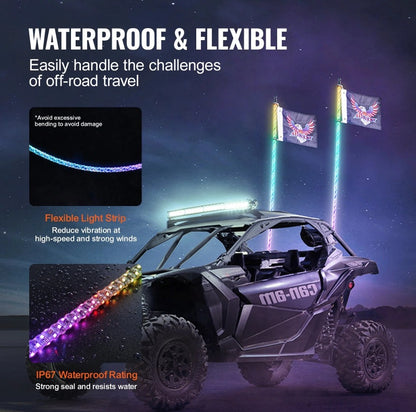 2 Pcs 3FT LED Whip Light with Spring Base – Ultimate RGB Chasing Lights for UTVs, ATVs, and More!