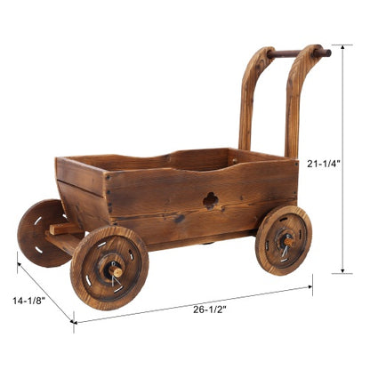 Wooden Wagon Planter Box – Mobile Garden Planter with 4 Wheels & Handle | Rustic Outdoor & Indoor Decorative Flower Cart