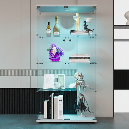 Two-door LED Lights Glass Display Cabinet 4 Shelves With Door, Floor Standing Curio Bookshelf For Living Room Bedroom Office, 64.7x31.7x14.3, White