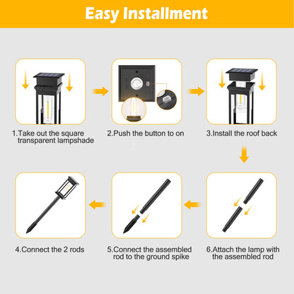 Step-by-step installation guide for a solar lamp with icons and text instructions.