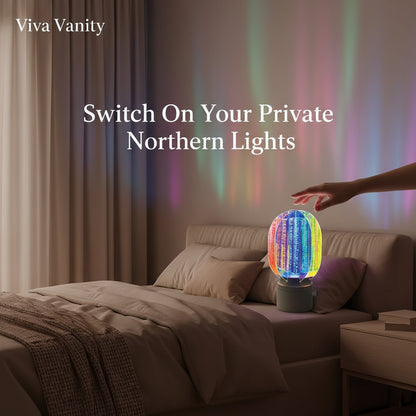 Colorful night light on a bed with 'Viva Vanity' branding and text.