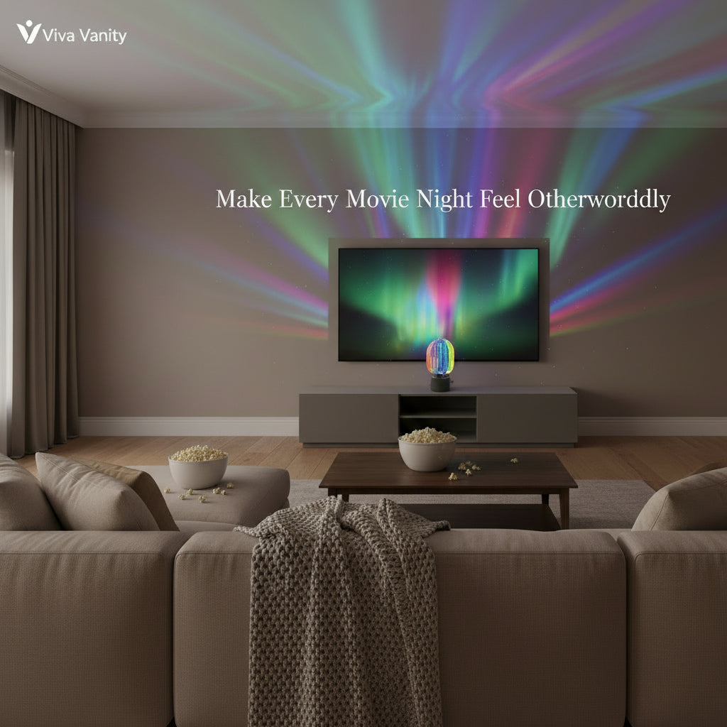 Living room with a TV displaying a colorful light show, Viva Vanity branding visible.