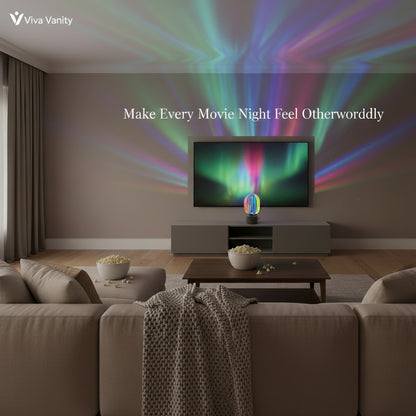 Living room with a TV displaying a colorful light show, Viva Vanity branding visible.