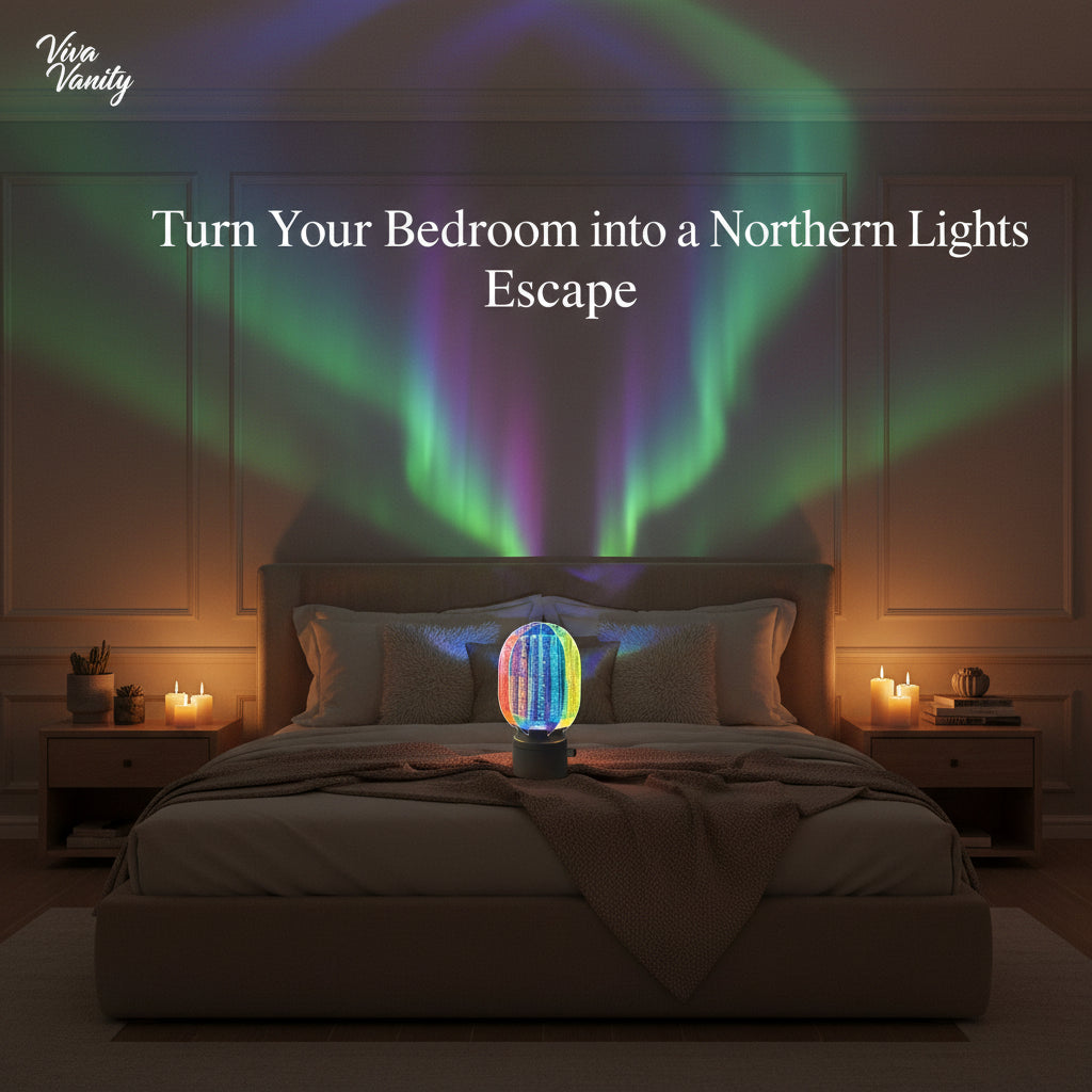 Bedroom with projected Northern Lights and a colorful lamp on the bed, promoting a cozy escape.