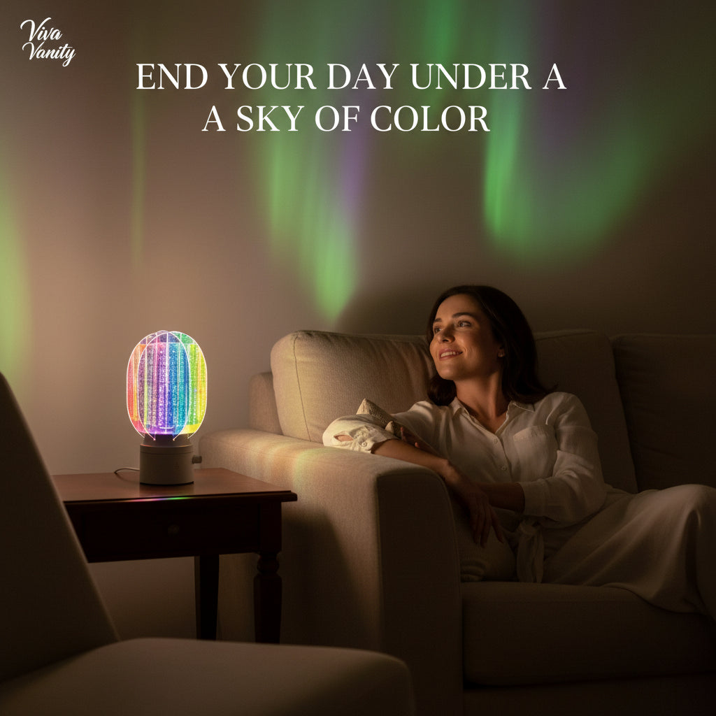 Colorful light bulb with text on lighting characteristics against a gradient background