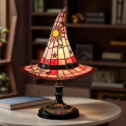 Witch hat decorative night light with jewel-tone panels and celestial detailing