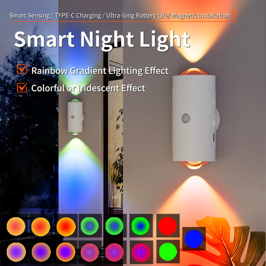 Smart night light with rainbow gradient lighting effect and colorful or iridescent effect, shown in various settings.