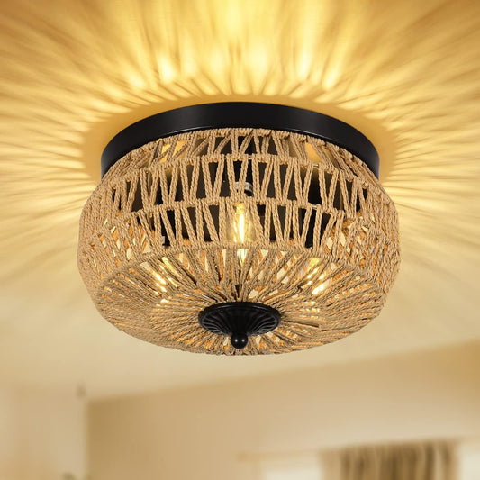 Modern Boho Rattan Chandelier – Handmade 3-Light Pendant for Kitchen, Bedroom & Hallway