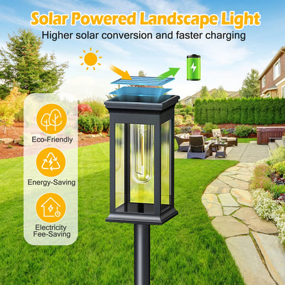 Solar-powered landscape light in a garden setting with features highlighted.