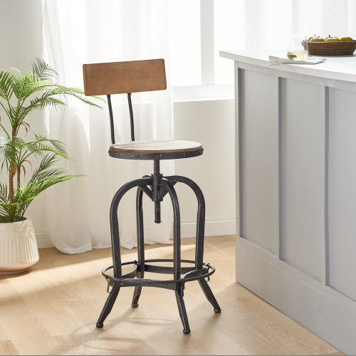 An adjustable swivel bar stool with a solid fir wood seat and a polished steel base, pictured in a kitchen setting.