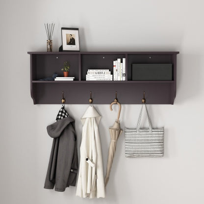 An espresso-colored wooden etagere coat and shelf with four dual steel hooks below, cubby holes, and a top shelf displaying books, a picture frame, and decorative items.