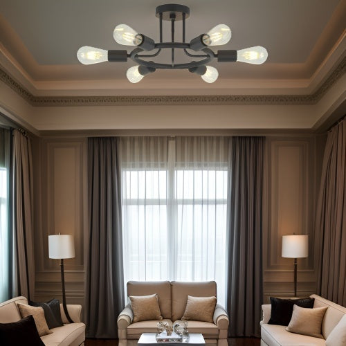 Modern 6-Light Sputnik Chandelier – Semi-Recessed Black Ceiling Light for Dining Room, Living Room & Entryway