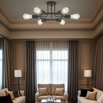 Viva Elite Modern 6-Light Sputnik Chandelier - Semi-Flush Black Ceiling Fixture