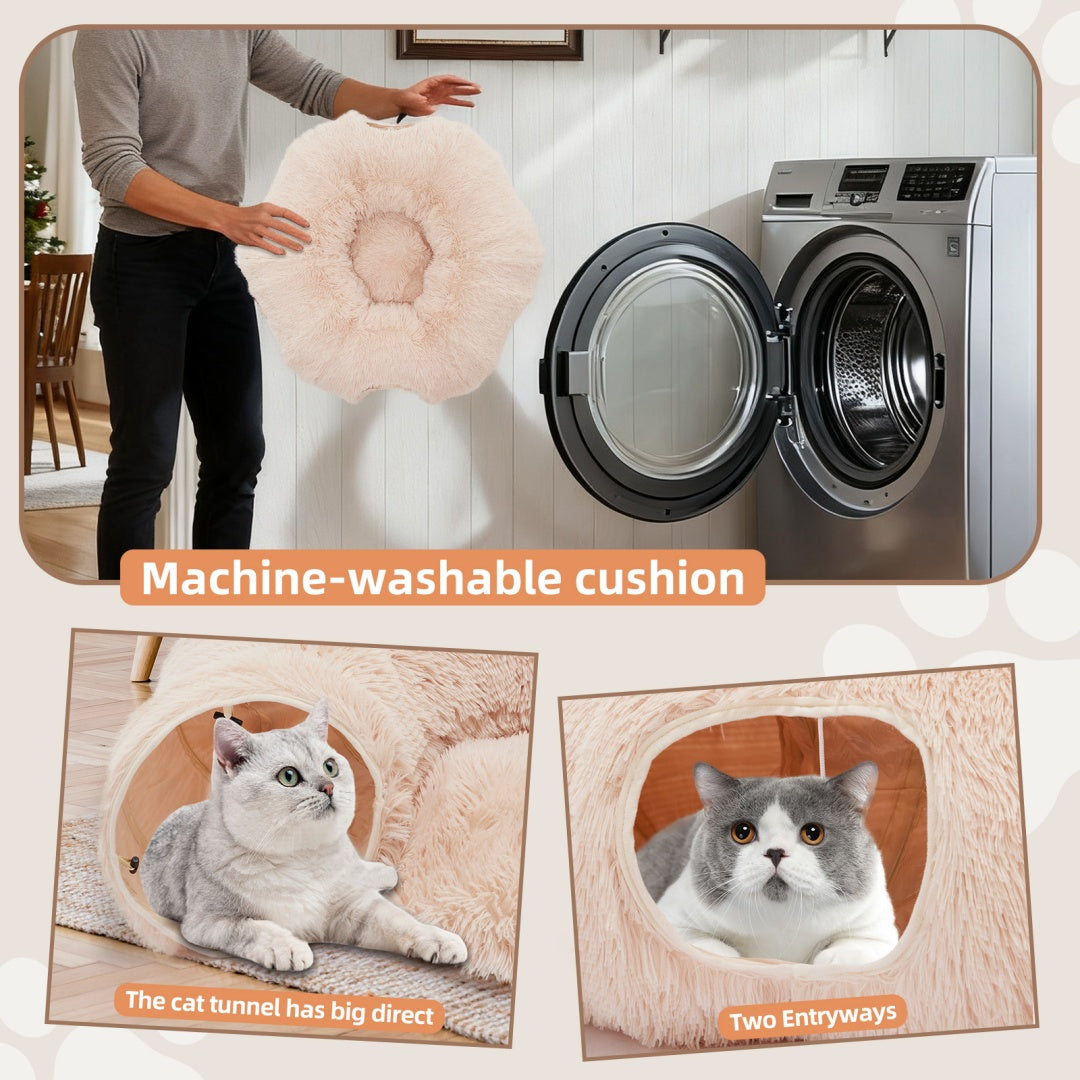 Plush Cat Tunnel with Donut Cat Bed – Peekaboo Cave for Cats, Kittens & Rabbits