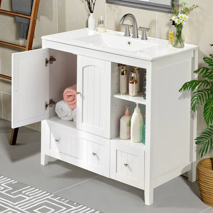 White MDF Painted Double Door Double Drawer With Masking Strip Basin Cabinet 91x46x82cm