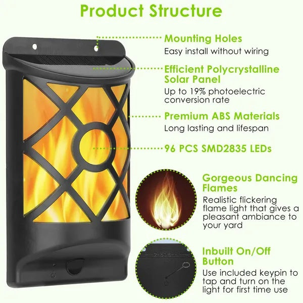 Solar-powered flame light with features highlighted on a white background