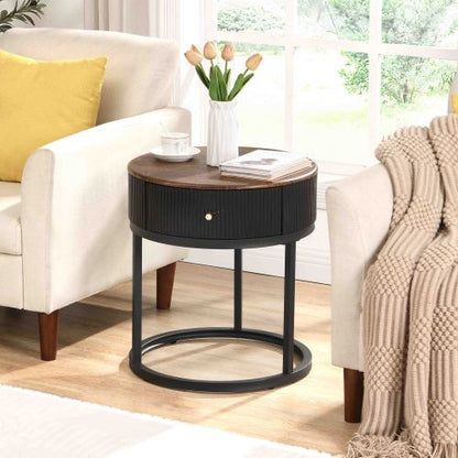 black round nightstand with drawer storage