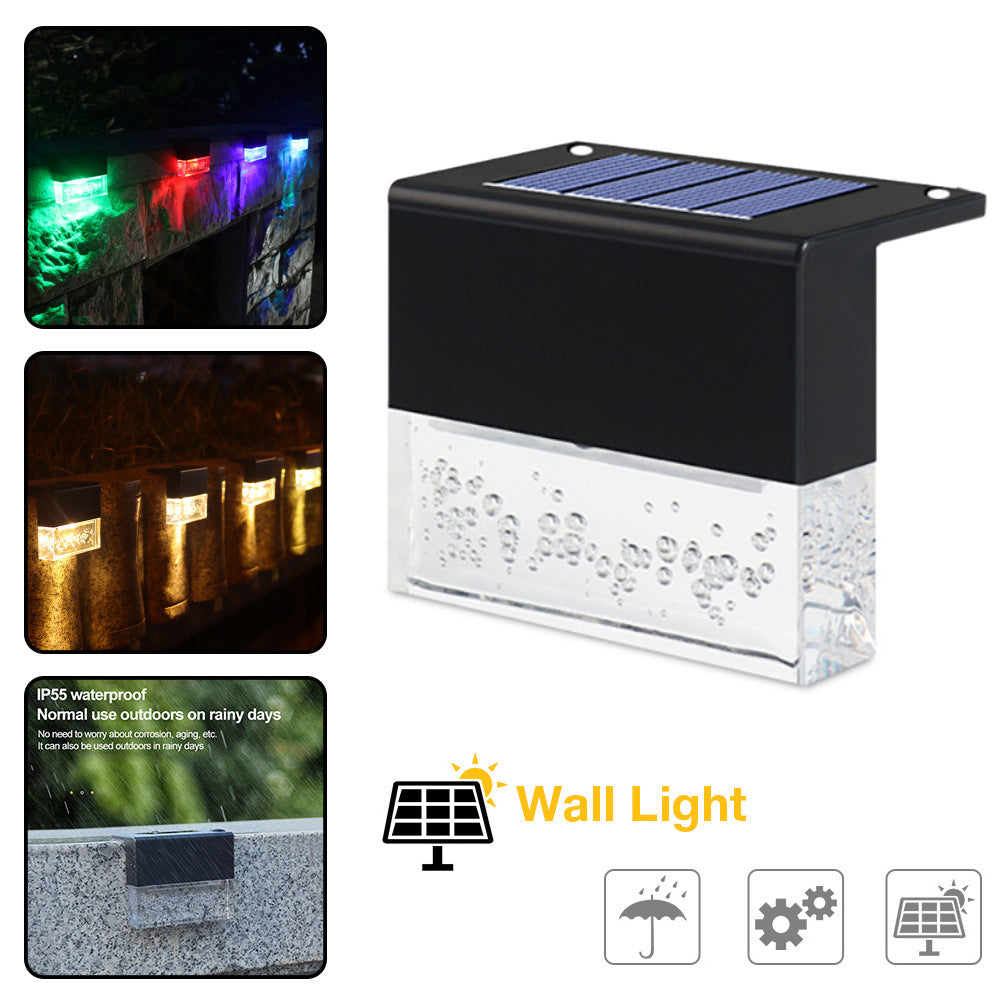 Solar wall light with color-changing LEDs and outdoor usage examples on a white background.