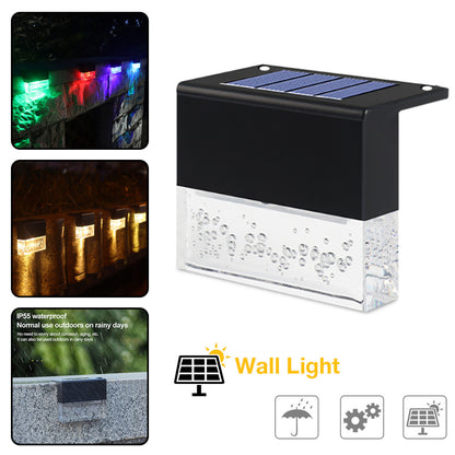 Solar wall light with color-changing LEDs and outdoor usage examples on a white background.