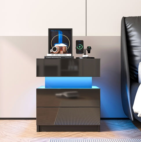 black nightstand drawer storage detail