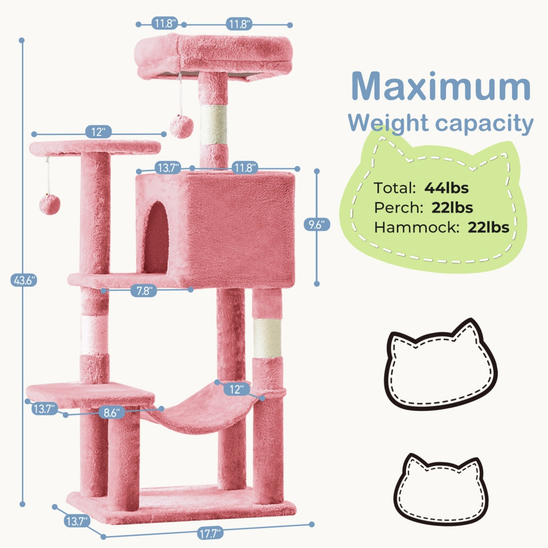 44-Inch Multi-Cat Tree Tower with Sisal Scratching Posts, Hammock & Extended Platforms