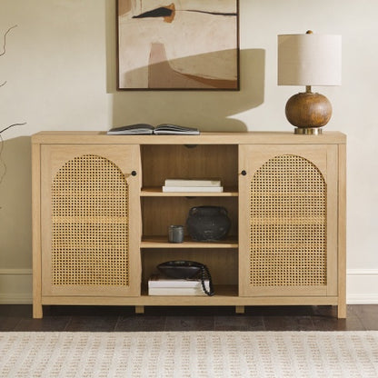 Transitional 2-Door Sideboard With Arched Rattan Panels, Black