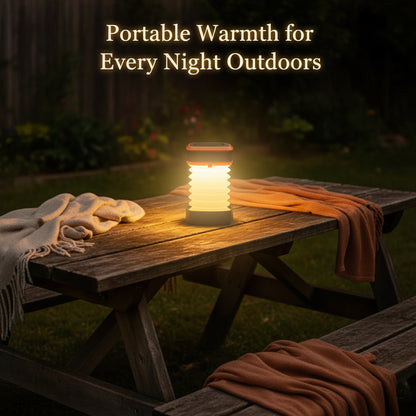 Super bright camping lantern illuminating a book outdoors with text highlighting features.