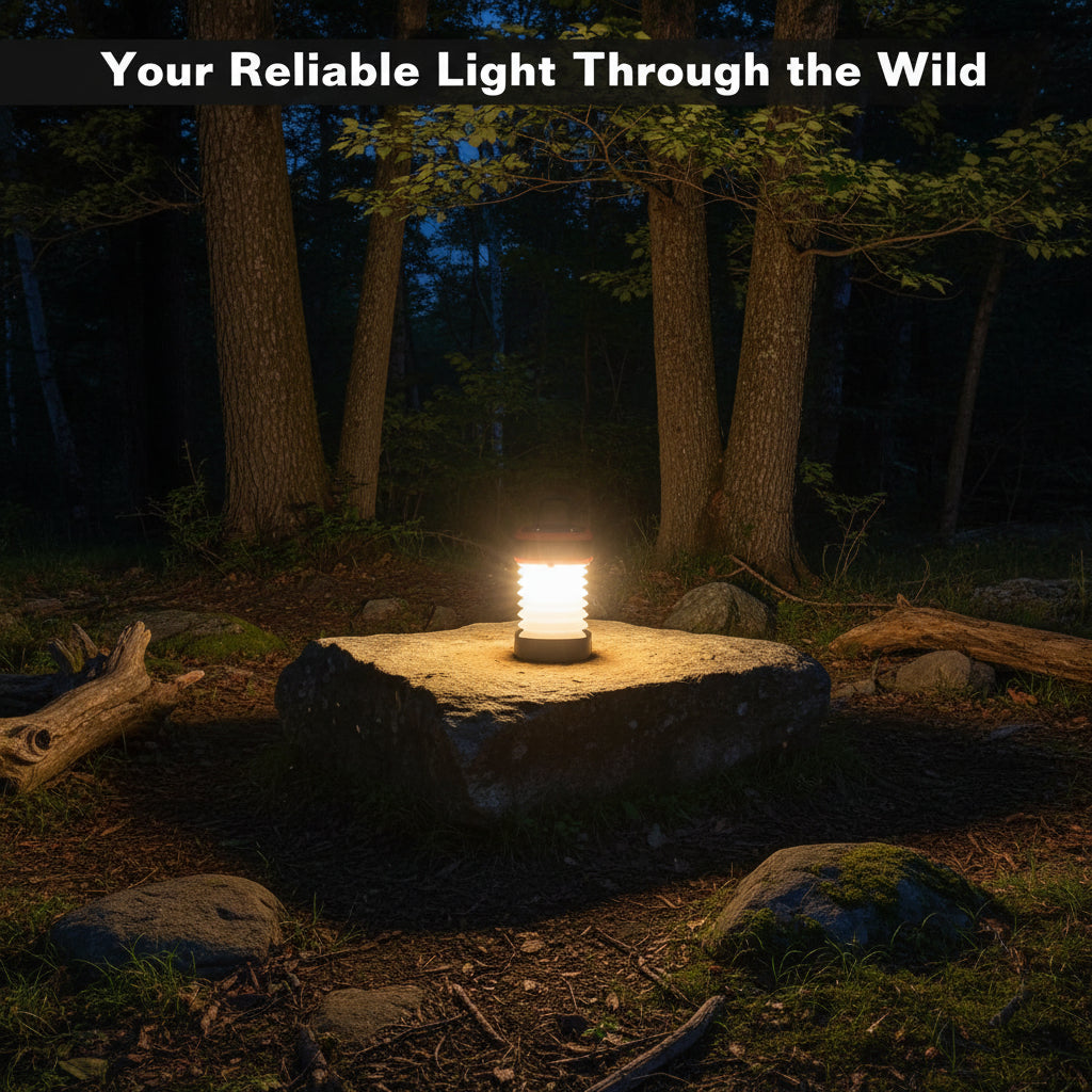 Lantern on a rock in a forest at night with text 'Your Reliable Light Through the Wild'.