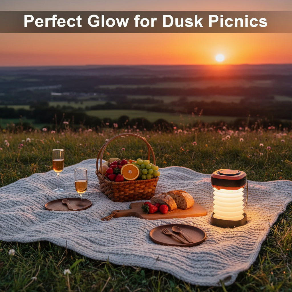 Picnic setup with lantern, food, and drinks on a blanket at sunset.