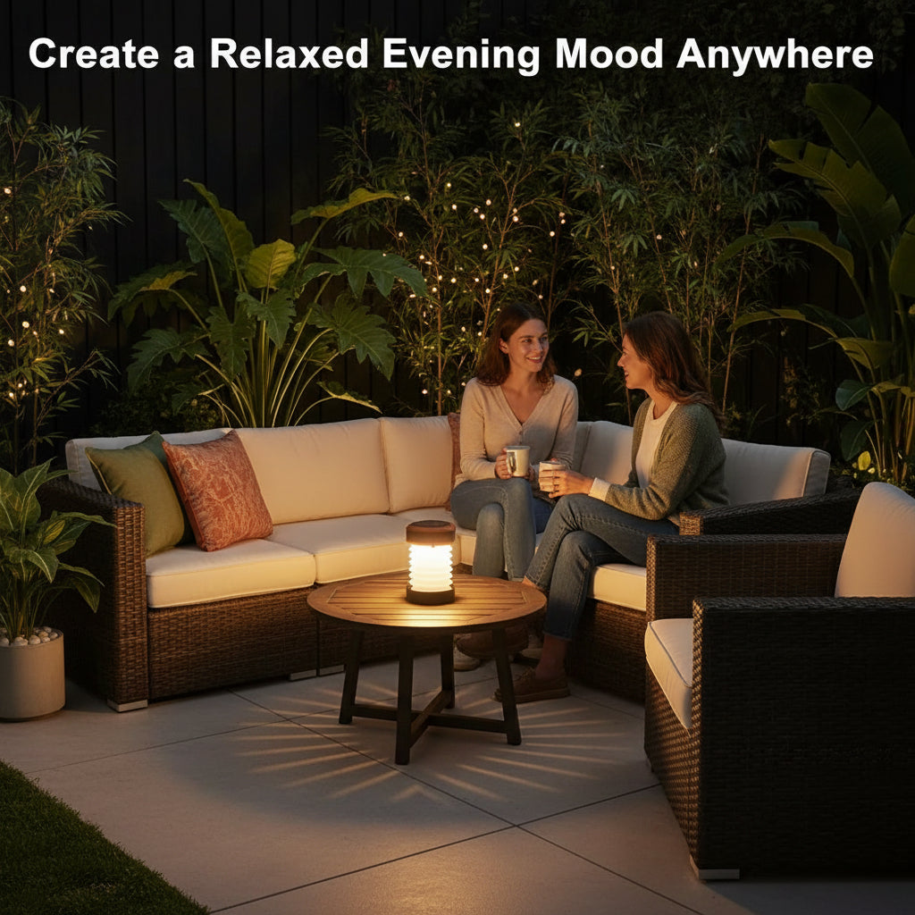 Two people sitting on a patio with outdoor furniture and lighting, creating a relaxed evening mood.