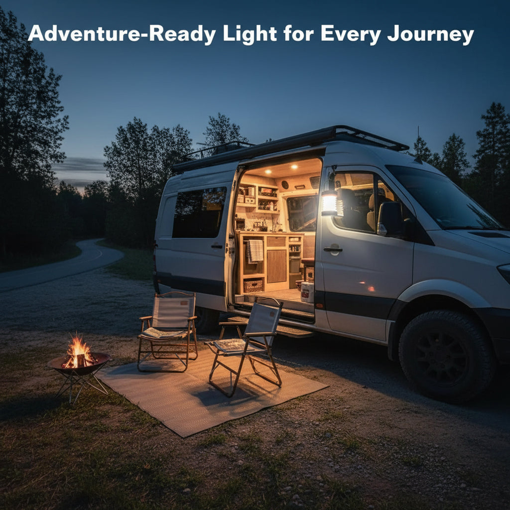 Van conversion with open doors, chairs, and a fire pit at night by a lake.