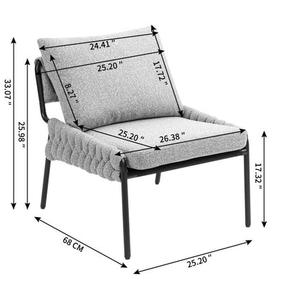Modern Accent Lounge Chair With Braided Upholstery And Metal Frame, Comfortable Armchair For Living Room Or Bedroom, Soft Cushioned Seat And Backrest, Set Of 1