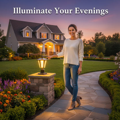 A black solar-powered pillar headlight with dimmable LEDs installed on a post outdoors, with a house in the background.