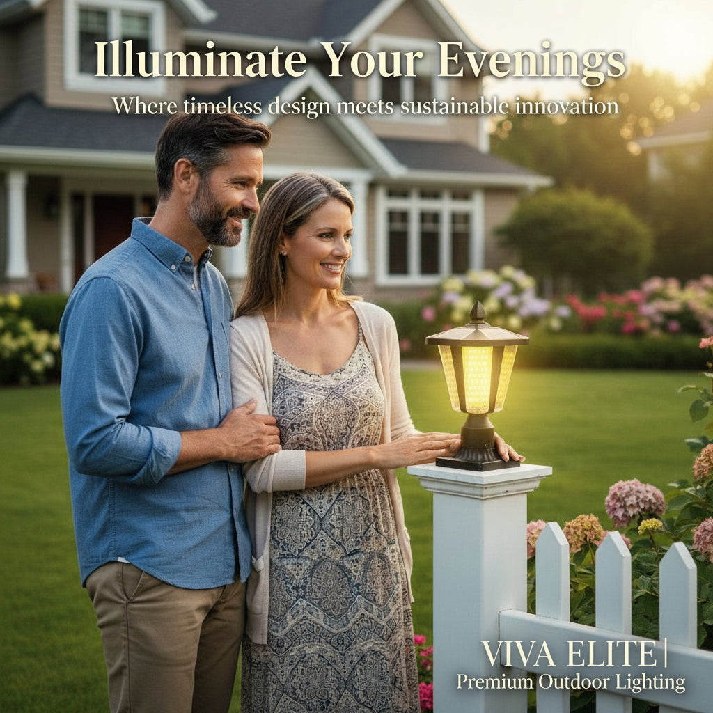 Solar-powered outdoor lamp with black base and solar panel on top against a white background