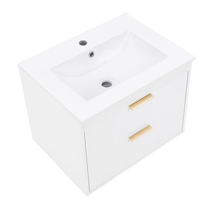24-Inch Floating Wall-Mounted Bathroom Vanity with White Ceramic Sink & Drawer Storage | Sleek & Modern Design