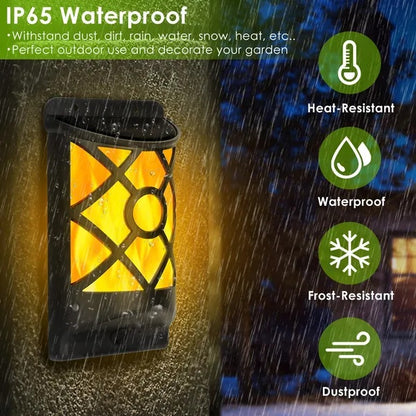 Outdoor waterproof light fixture with rain simulation and feature icons on a dark background