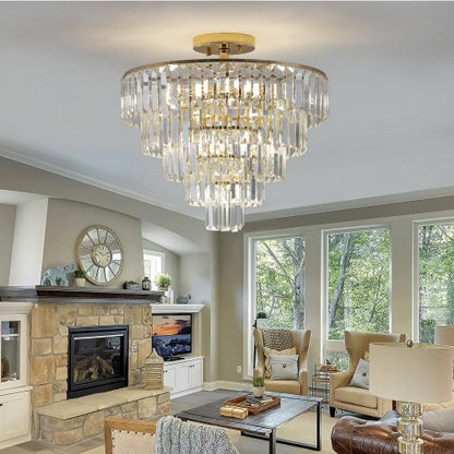 Golden Crystal Chandelier - 5-Layer Round Semi-Recessed Luxury Chandelier