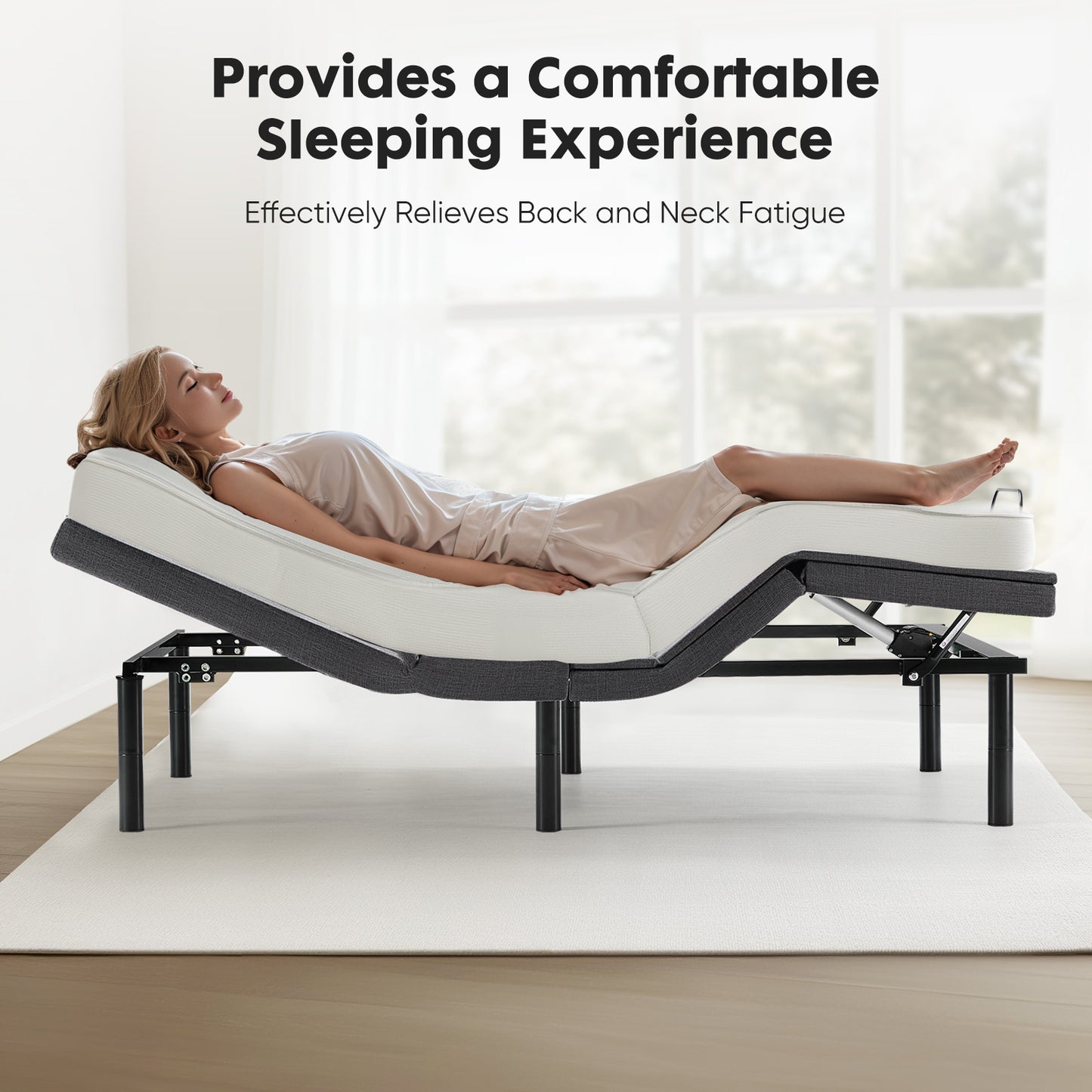 Woman lying on a adjustable bed in a bright room with text about comfort and fatigue relief.
