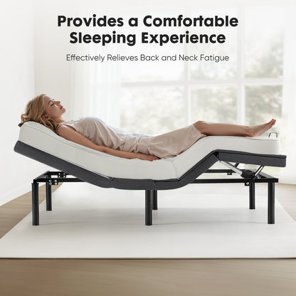 Woman lying on a adjustable bed in a bright room with text about comfort and fatigue relief.