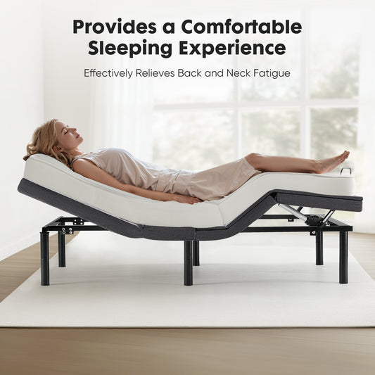Woman lying on a adjustable bed in a bright room with text about comfort and fatigue relief.