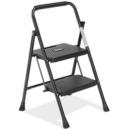 Black step ladder with a white background