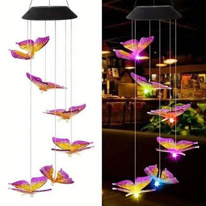 Colorful butterfly-shaped solar light hanging in a bar setting