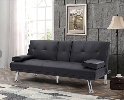 A matte black, two-seat PU sleeper sofa with integrated cup holders and adjustable head pillows, displayed in a room setting.