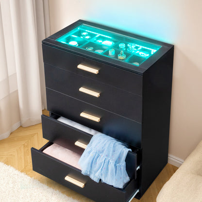5-Drawer Storage Cabinet with LED Light & Tempered Glass – Elegant & Smart Organization